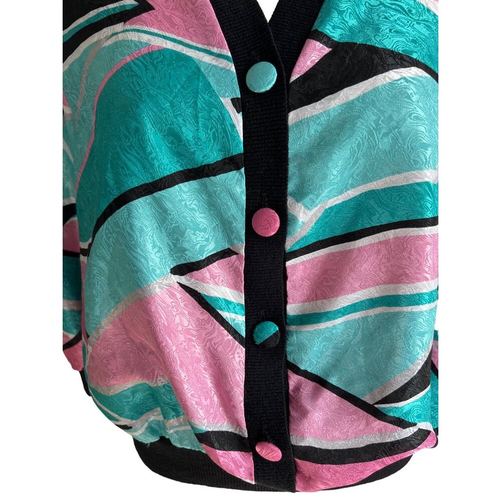 Vintage Anastasia Silky Bright VNeck Blouse Sz Medium Petite Colorful Pink & Bla - Picture 8 of 14